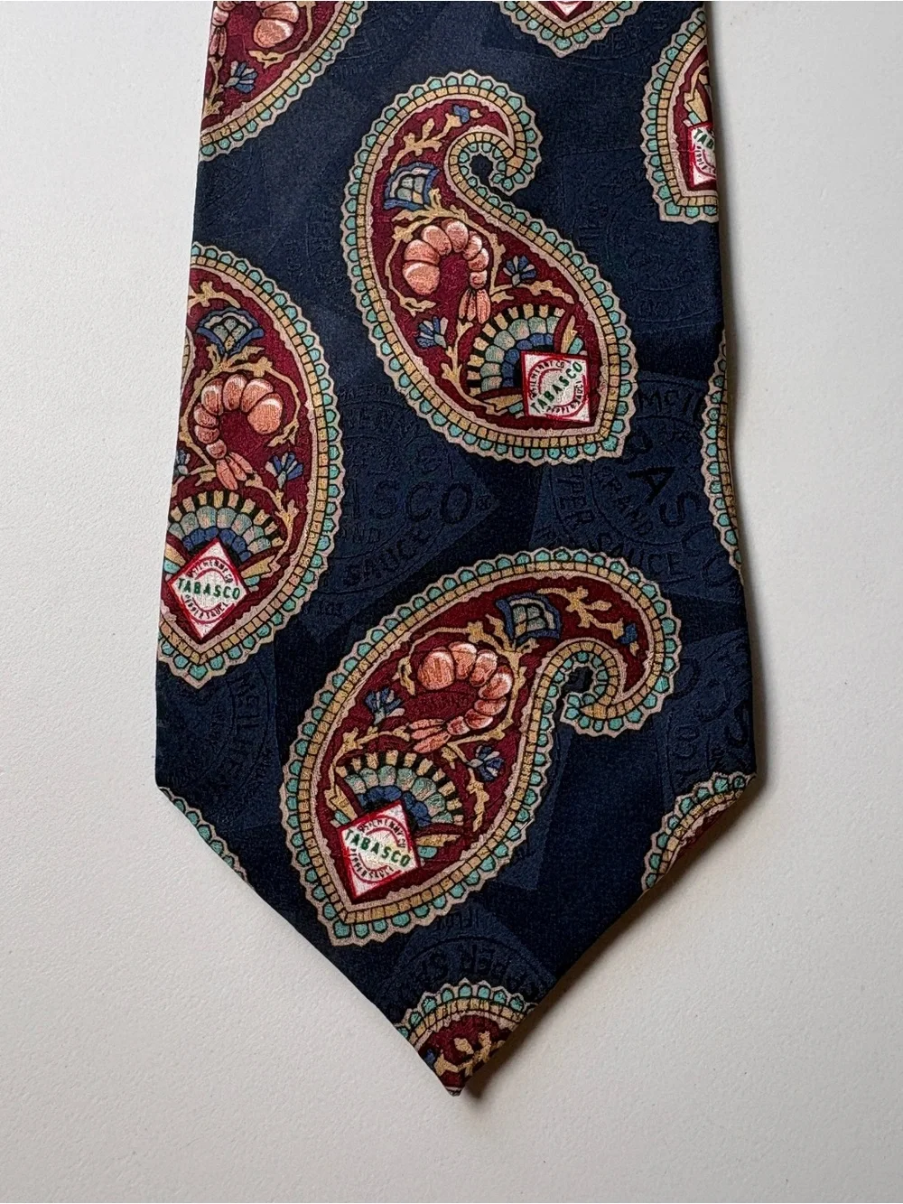 Vintage Tabasco Silk Tie Blue Paisley Shrimp Novelty Necktie Made in USA 3.75